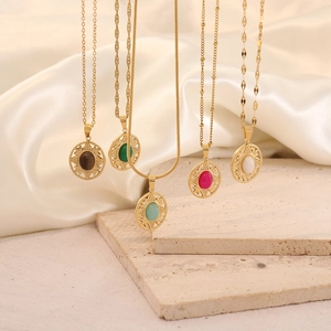 Vintage Stainless Steel Necklace Oval Natural Stone Pendant Hollow Geometric Sun Pattern Bohemian Jewelry For Women