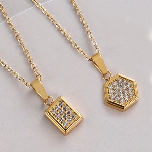 Luxury stainless steel necklaces with geometric gold pendants and micro-pave cubic zirconia