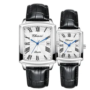 Elegant pair of square silver quartz watches with white dials and black leather straps