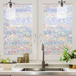 Rainbow window film with geometric fish scale texture creating colorful solar reflections