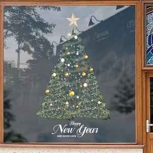 Christmas tree window sticker with gold glitter dots and Happy New Year greeting