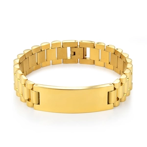 Polished gold stainless steel link bracelet with a blank rectangular engravable plate