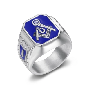 Men's titanium steel Masonic ring with blue enamel and gold-plated compass symbol
