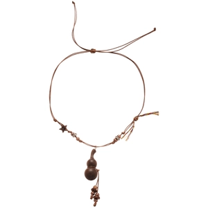 Ethnic retro wooden gourd pendant necklace with ceramic stars and adjustable brown cord