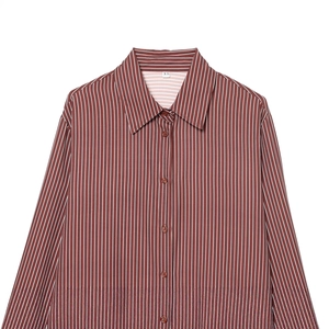 Casual brown and white striped long sleeve silk shirt for women in a stylish flat lay design