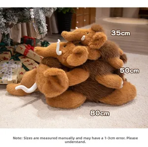 Plush mammoth dolls in 35cm, 50cm, and 80cm sizes displayed in a festive holiday setting