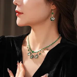 Elegant emerald zircon floral necklace and earrings jewelry set in silver finish