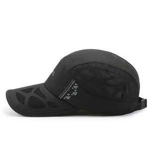 Black quick-dry sports cap with breathable mesh side panels and reflective details