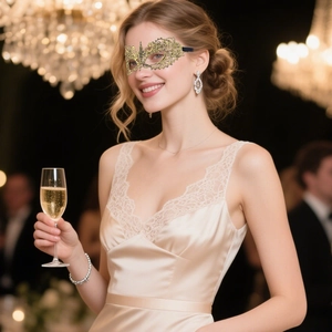 Close-up of golden lace masquerade mask with intricate hollow patterns and silk ribbons
