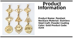 Detailed view of nine gold stainless steel evil eye pendants for jewelry making
