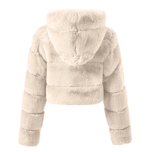 Back view of short hooded faux fur coat in beige with plush fluffy texture