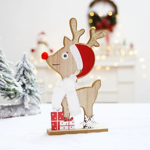 Handcrafted wooden Christmas reindeer statue with red scarf and festive glitter antlers