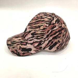 Top view of pink tiger camo baseball cap showing twill fabric and six-panel crown