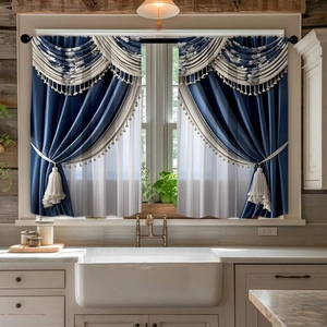 Detail of 2pcs navy blue and cream kitchen curtains with elegant tassels and pleats