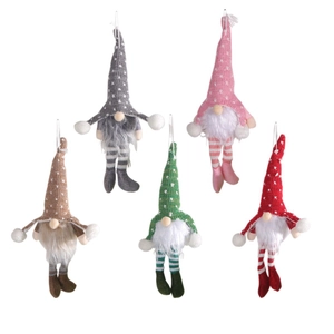 Lot de cinq gnomes de Noël colorés avec chapeaux tricotés et jambes rayées suspendues