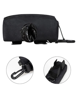 Close-up of black oxford dog waste bag dispenser with plastic hook and velcro straps