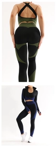 Détail d'un ensemble de yoga sans couture avec legging taille haute et soutien-gorge de sport