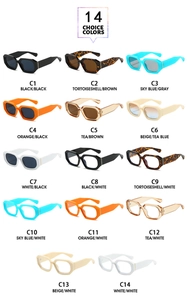 Grid view showing 14 color variations of retro square frame sunglasses in various stylish tints