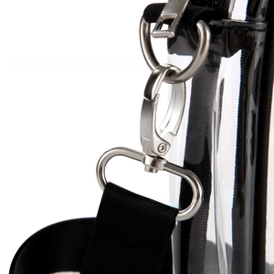 Detail shot of silver metal swivel hook and D-ring on clear PVC crossbody bag strap