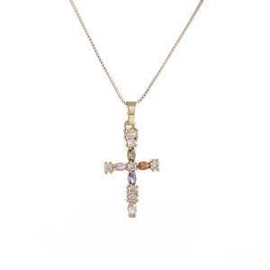 Cross Pendant Necklace Copper Micro Pave Colorful Zircon Religious Fashion Jewelry For Women