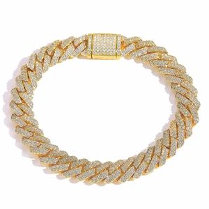 Hip hop 10mm golden rhombus Cuban link bracelet with sparkling zircon stones