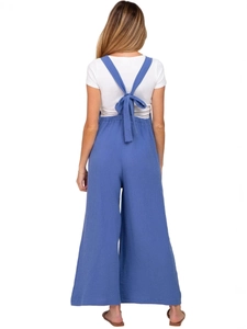 Blue maternity wide-leg jumpsuit with stylish back bow tie design and soft texture