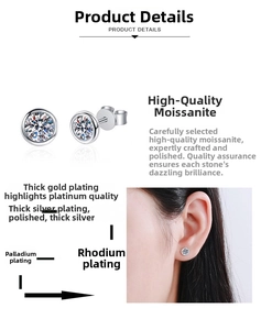 Detail view of round moissanite stud earrings in polished S925 sterling silver settings