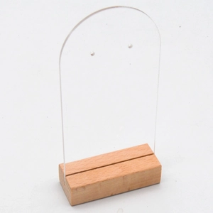 Présentoir à boucles d'oreilles en acrylique transparent avec socle en bois naturel