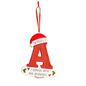Glittery red letter A Christmas tree ornament with Santa hat and personalized script
