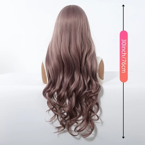 Detail view of 30-inch long pink purple wavy wig with length tag on white background