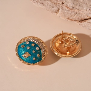 Retro planet moon star stud earrings with blue enamel and sparkling rhinestones