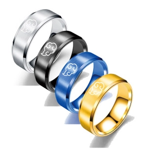 Macro shot of matte stainless steel ring set with engraved anime cloud patterns in four colors
