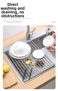 Detail view of foldable stainless steel sink rack with non-slip grey silicone edges
