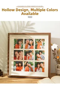 Detail of walnut finish 9-opening square photo frame with white mat on wood table