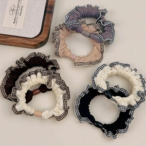 Checkered Plaid Fabric Scrunchies Ruffled Pleated Elastic Hair Ties With Decorative Bead Vintage Korean Style For Women Girls