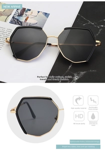 Detailed view of polygon sunglasses featuring waterproof lenses and gold metal frames