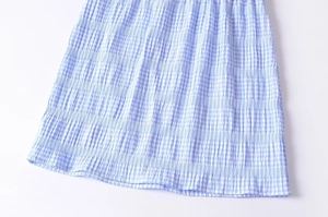 Detailed macro of blue and white plaid fabric texture with shirred elastic details