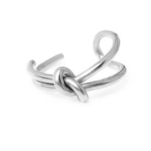 Minimalist silver knot ring in polished stainless steel with adjustable open band design