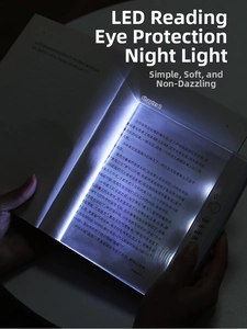 Close-up of portable LED flat panel book light providing uniform eye protection for reading