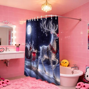 Christmas shower curtain with white reindeer and sled scene in pink bathroom