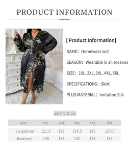 Detailed size chart for plus size floral imitation silk bathrobe from 1XL to 5XL