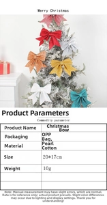Detail view of colorful foam glitter bows on a Christmas tree with size specifications