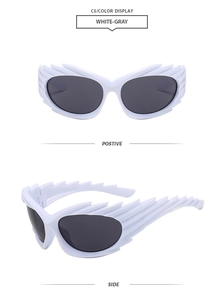 Front and side view of white Y2K wing-shaped sunglasses with stylish gray lenses