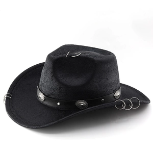 Close-up of black western cowboy hat featuring silver ring accents and floral metal studs