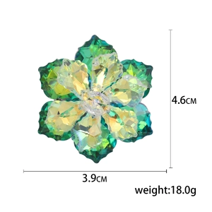 Elegant crystal flower brooch with green and yellow petals, size 4.6cm x 3.9cm, 18g