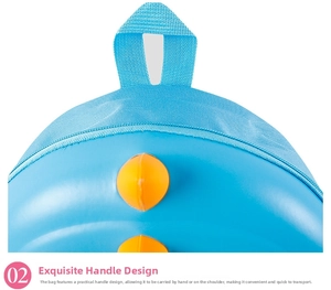 Close-up of durable light blue handle and orange 3D dinosaur scales on kid's backpack