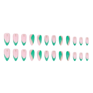 Long almond press-on nails with green waves, gold foil lines, and 24-piece pink base set