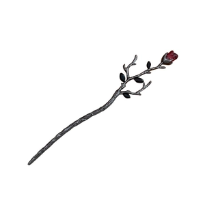 Gothic vintage hair stick with dark metal branch, black leaves and red rose bud detail