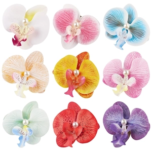 Nine colorful orchid hair clips with pearls shown in a grid on a white background