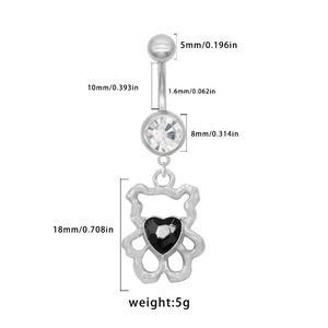 Piercing de nombril ours argenté avec gemme coeur noir et détails de dimensions